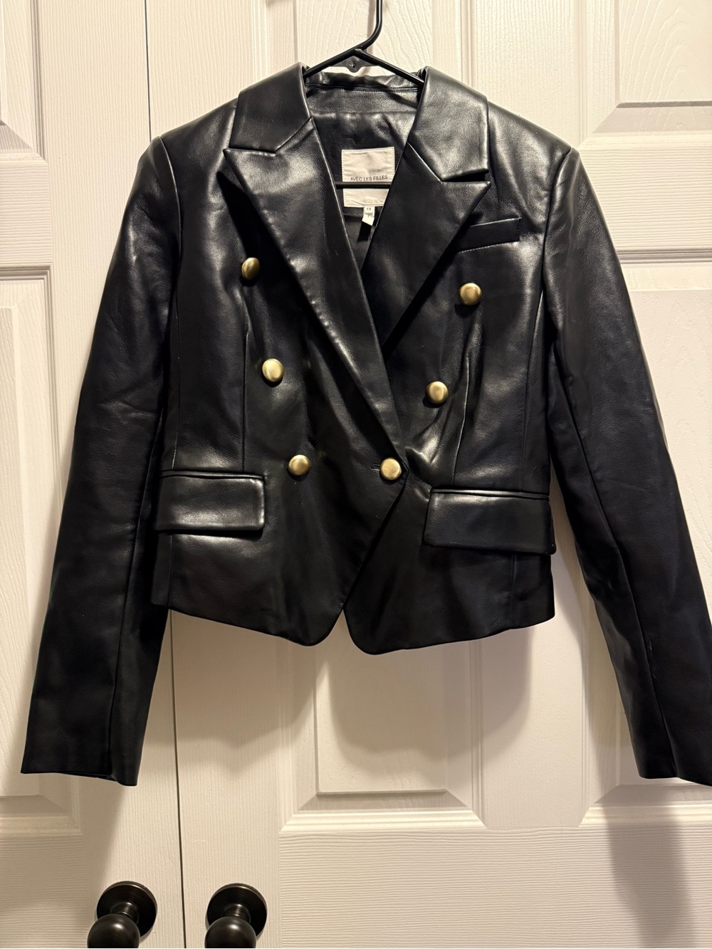 Avec Les Filles Black Double-Breasted Faux Leather Blazer with Gold Buttons